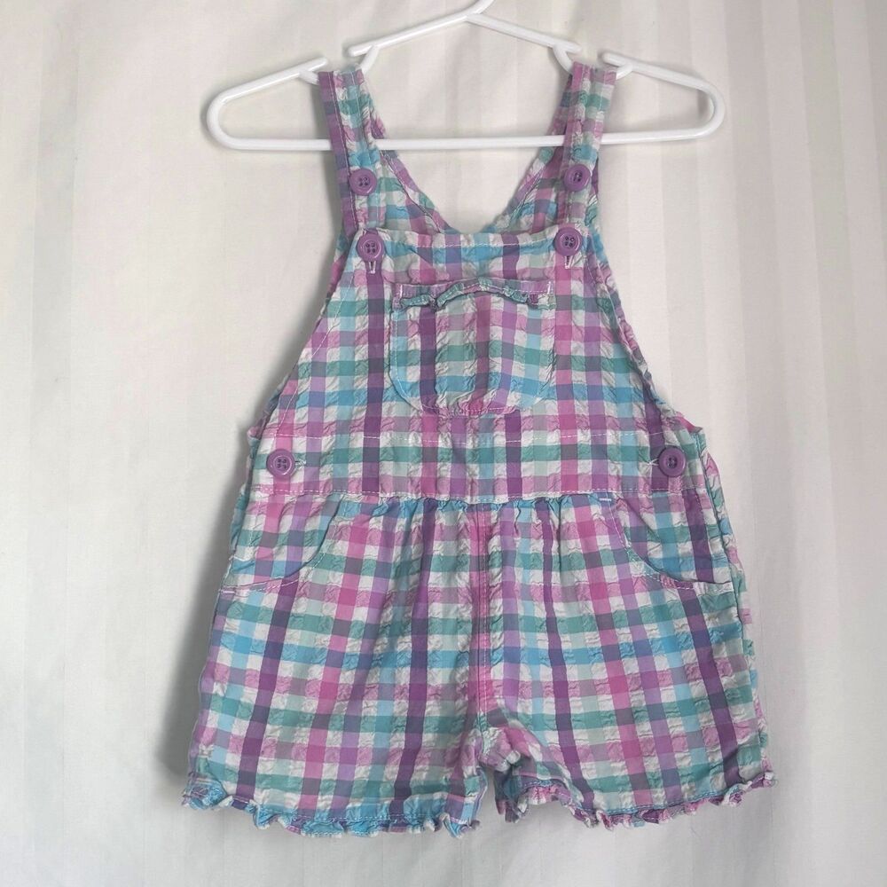 OshKosh B'Gosh Baby Girl Pastel Plaid Shortalls 12M Bubble Romper 2014 Repro